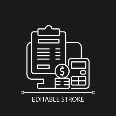 Koyu tema için beyaz doğrusal simge okunuyor. İş için maliyet yönetimi. Finansal belge. İnce çizgi özelleştirilebilir illüstrasyon. Gece modu için izole vektör kontur sembolü. Düzenlenebilir vuruş