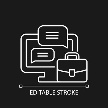 Koyu tema için işyeri sohbet beyaz doğrusal simgesi. Uzaktan çalışan için iş sohbeti. İnce çizgi özelleştirilebilir illüstrasyon. Gece modu için izole vektör kontur sembolü. Düzenlenebilir vuruş