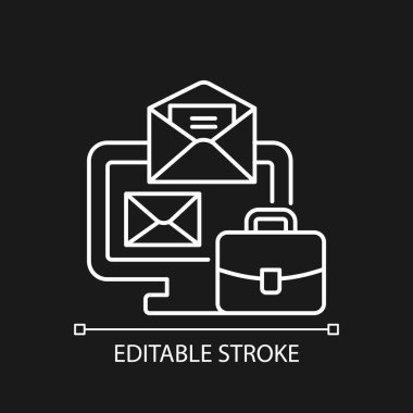 Koyu tema için çevrimiçi e- posta beyaz doğrusal simgesi. İş e-postası al. İzleme işi. İnce çizgi özelleştirilebilir illüstrasyon. Gece modu için izole vektör kontur sembolü. Düzenlenebilir vuruş