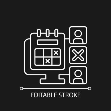 Karanlık tema için beyaz takvim doğrusal simgesi yok. Çalışan izinleri ve izinlerini uzaktan takip etmek. İnce çizgi özelleştirilebilir illüstrasyon. Gece modu için izole vektör kontur sembolü. Düzenlenebilir vuruş