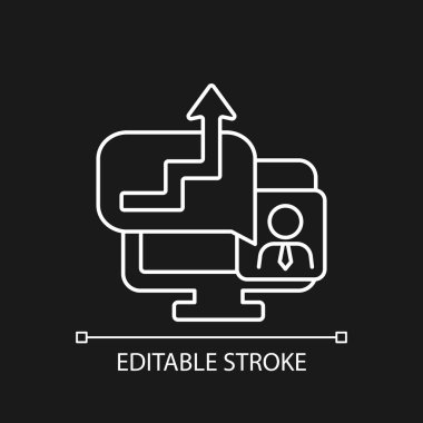 Koyu tema için beyaz doğrusal simge çalıştırılıyor. Danışmanla sanal görüşme. İzleme işi. İnce çizgi özelleştirilebilir illüstrasyon. Gece modu için izole vektör kontur sembolü. Düzenlenebilir vuruş