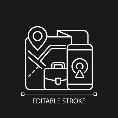 Koyu renk tema için beyaz doğrusal simgeyi takip eden çalışan GPS 'leri. Cep telefonu için internet takip uygulaması. İnce çizgi özelleştirilebilir illüstrasyon. Gece modu için izole vektör kontur sembolü. Düzenlenebilir vuruş