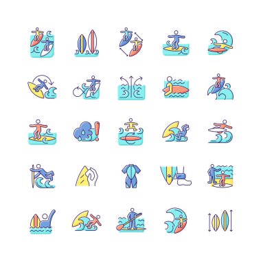 Sörf RGB renk simgeleri seti. Eğlence amaçlı aktivite. Dalgaları yakalamak ve numaralar öğrenmek. Sörf bölgesi. İzole vektör çizimleri. Gelişmiş seviye manevra basit doldurulmuş çizgi çizim koleksiyonu