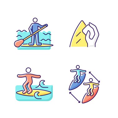 Okyanus RGB renk simgelerinde sörf yapmak. Kürek sörfü. Sörf tahtası cilası. Burun çekme tekniği. İzole vektör çizimleri. Mesafeyi basit doldurulmuş çizgi çizimleri koleksiyonunu koru