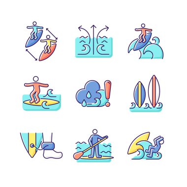 Su etkinlikleri RGB renk simgeleri ayarlandı. Sörf manevraları. Sörfçüler arasındaki mesafeyi korumak. Akıntı akıntısı. İzole vektör çizimleri. Yüzme tekniği basit doldurulmuş çizgi çizimleri koleksiyonu