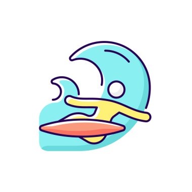 RGB renk simgesinde ters dönüş. İzole vektör çizimi. Temel manevrayı gerçekleştiriyorum. Dalgaya bakan sörfçü. Arkaya dön. Tam döndürme basit doldurulmuş çizgi çizimi