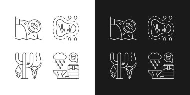 Yükselen su talep simgeleri karanlık ve aydınlık mod için ayarlandı. Su kirliliği. Kaybolan sulak alanlar. Özelleştirilebilir ince çizgi sembolleri. İzole vektör çizimi çizimleri. Düzenlenebilir vuruş