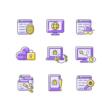 Çevrimiçi davranışlar mor RGB renk simgelerini izliyor. Dijital ayak izleri. Siber uzay. Özel tarama. İzole vektör çizimleri. Bulut şifrelemesi basit doldurulmuş çizgi çizimleri koleksiyonu