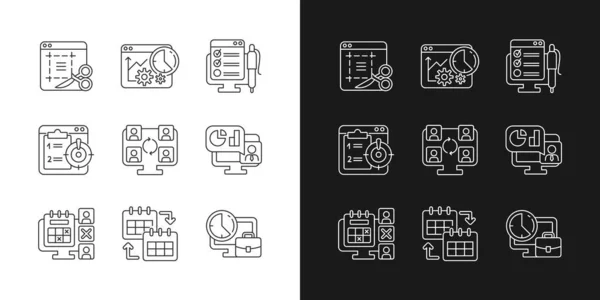 Narzędzia Monitorowania Pracy Ikony Liniowe Ustawione Dla Trybu Ciemnego Światła — Wektor stockowy