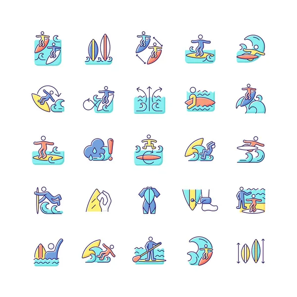 Sörf RGB renk simgeleri seti. Eğlence amaçlı aktivite. Dalgaları yakalamak ve numaralar öğrenmek. Sörf bölgesi. İzole vektör çizimleri. Gelişmiş seviye manevra basit doldurulmuş çizgi çizim koleksiyonu