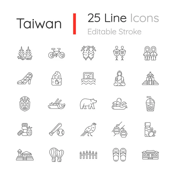 台湾の線形アイコンが設定されます 台湾の伝統工芸品 カスタマイズ可能な細い線の輪郭記号 絶縁ベクトルアウトラインイラスト 編集可能なストローク — ストックベクタ