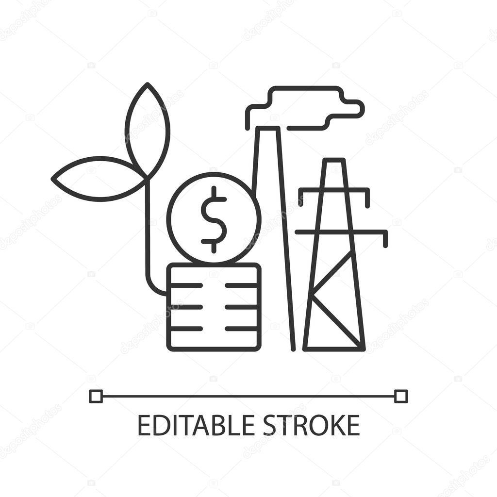 Environmental tax linear icon. Ecotax for industrial economy. Electrical power. Energy purchase. Thin line customizable illustration. Contour symbol. Vector isolated outline drawing. Editable stroke