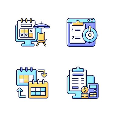 Uzaktan çalışma izleyicileri RGB renk simgeleri ayarlandı. Takvimde işaretli çalışanlar için tatil izni. Öncelikli görevler. İzole vektör çizimleri. Çalışma araçları basit doldurulmuş çizgi çizimleri koleksiyonu