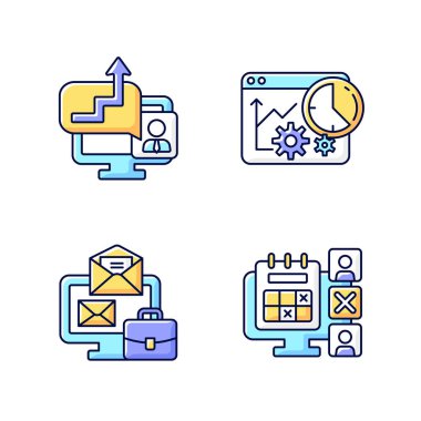 Çalışma izleyicileri RGB renk simgeleri ayarlandı. Zaman yönetimi stratejisi. Çalışan yokluğu takvimde işaretli. İzole vektör çizimleri. İş izleme araçları basit doldurulmuş çizgi çizimleri koleksiyonu