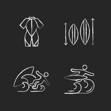 Koyu arkaplanda beyaz simgelerle sörf yapmak. Dalgıç kıyafeti. Sörf tahtası boyutu seçiliyor. Sörf silip süpürmek. Uçuş manevrası. Isınmaya devam et. En iyi tahtayı seç. Siyah üzerine izole vektör karatahta çizimleri