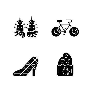 Beyaz uzaya dizilmiş Asyalı siyah semboller. Tayvan eğlence gelenekleri. Yüksek topuklu düğün kilisesi. Ejderha kaplanı pagoda. Tavuk pirzolası. Bisiklet. Siluet sembolleri. Vektör izole illüstrasyonu