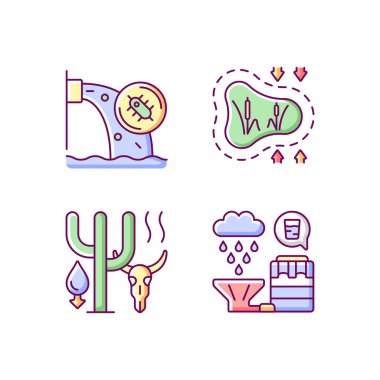 Dünya çapında yükselen su RGB renk simgeleri belirlendi. İzole vektör çizimleri. Su kirliliği. Kaybolan sulak alanlar. Kuraklık hasarı. Hayvanların yok oluşu basit doldurulmuş çizgi çizimleri koleksiyonu