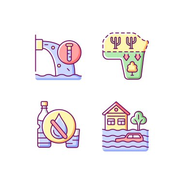 Su stresi RGB renk simgeleri ayarlandı. İzole vektör çizimleri. Çöl genişlemesi. Şehir yönetiminden. İçme suyu yok. Suyla ilgili felaketler basit çizgi çizimleri koleksiyonu