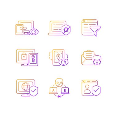 İnternet gözetleme gradyan doğrusal vektör simgeleri ayarlandı. Çapraz takip. Çoklu-faktör doğrulaması. İnce çizgili sembol demetleri. İzole vektör ana hatları illüstrasyon koleksiyonu