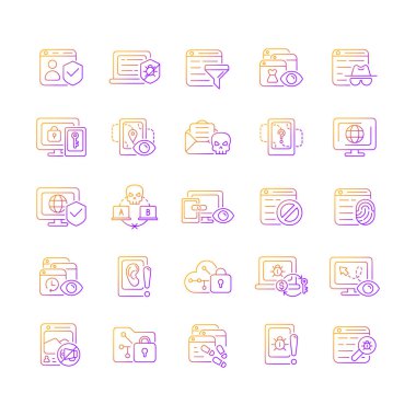Çevrimiçi izleme ve sansür gradyan doğrusal vektör simgeleri ayarlandı. Güvenli hesaplar. Hedefleme reklamı. İnce çizgili sembol demetleri. İzole vektör ana hatları illüstrasyon koleksiyonu