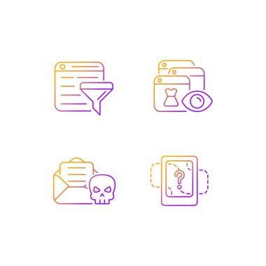 Ağ izleme gradyan doğrusal vektör simgeleri ayarlandı. Filtre balonu. Çevrimiçi davranış takibi. E- posta sahtekarlığı. İnce çizgili sembol demetleri. İzole vektör ana hatları illüstrasyon koleksiyonu