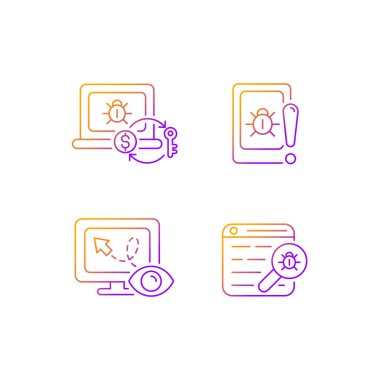 İnternet sansür gradyan doğrusal vektör simgeleri ayarlandı. Fidye virüsü. Cep telefonu dinleme. Web böceği. Yer belirleme. İnce çizgili sembol demetleri. İzole vektör ana hatları illüstrasyon koleksiyonu