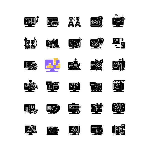 网络游戏类型的黑色字形图标设置在白色的空间 冒险游戏 令人兴奋的动作游戏 与朋友和家人合作完成任务 轮廓符号 矢量孤立的说明 — 图库矢量图片
