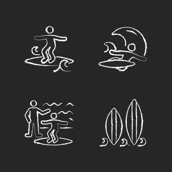 Iconos Blancos Tiza Surf Sobre Fondo Oscuro Surfeando Olas Desmenuzables — Vector de stock