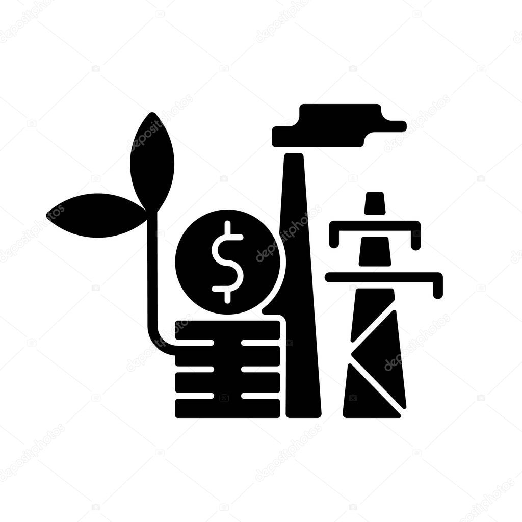 Environmental tax black glyph icon. Ecotax for industrial economy. Discount for renewable resource production. Energy purchase. Silhouette symbol on white space. Vector isolated illustration
