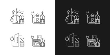 Elektrik, karanlık ve aydınlık mod için ayarlanmış doğrusal simgelere mal olur. Rüzgar enerjisi harcaması. Elektrik tüketim fiyatı. Özelleştirilebilir ince çizgi sembolleri. İzole vektör çizimi çizimleri. Düzenlenebilir vuruş