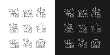 Enerji fiyatları doğrusal simgeleri karanlık ve aydınlık moduna ayarlandı. Sürdürülebilir nesil için masraf. Enerji alışverişi. Özelleştirilebilir ince çizgi sembolleri. İzole vektör çizimi çizimleri. Düzenlenebilir vuruş