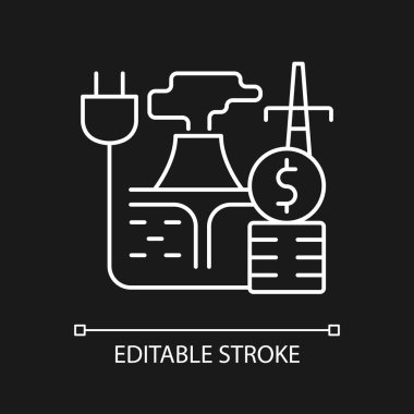 Koyu tema için jeotermal enerji fiyatları beyaz doğrusal simge. Sürdürülebilir termal güç üretimi. İnce çizgi özelleştirilebilir illüstrasyon. Gece modu için izole vektör kontur sembolü. Düzenlenebilir vuruş