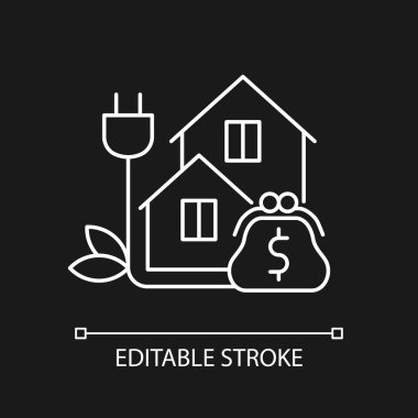 Koyu tema için yeşil fiyatlandırma programı beyaz doğrusal simge. Elektriğin parasını ödüyorum. İnce çizgi özelleştirilebilir illüstrasyon. Gece modu için izole vektör kontur sembolü. Düzenlenebilir vuruş
