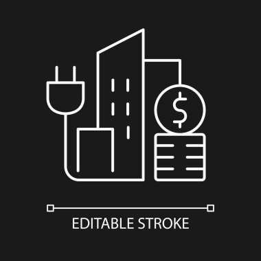 Karanlık tema için şehir enerji fiyatları beyaz doğrusal simge. Şehir merkezinde elektrik tüketimi. İnce çizgi özelleştirilebilir illüstrasyon. Gece modu için izole vektör kontur sembolü. Düzenlenebilir vuruş