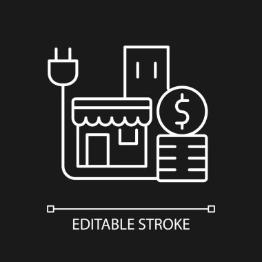 Karanlık tema için ticari müşteri beyaz doğrusal simgesi için enerji fiyatı. Perakende sektörü masrafları. İnce çizgi özelleştirilebilir illüstrasyon. Gece modu için izole vektör kontur sembolü. Düzenlenebilir vuruş