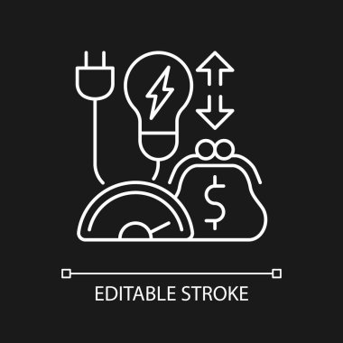 Karanlık tema için enerji verimliliği programı beyaz doğrusal simge. Elektrik enerjisi satın alma politikası. İnce çizgi özelleştirilebilir illüstrasyon. Gece modu için izole vektör kontur sembolü. Düzenlenebilir vuruş