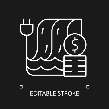 Karanlık tema için beyaz doğrusal simge fiyatlandırması. Elektrik üretimi için su barajı. İnce çizgi özelleştirilebilir illüstrasyon. Gece modu için izole vektör kontur sembolü. Düzenlenebilir vuruş