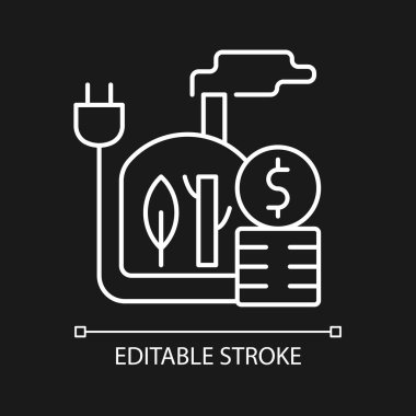 Karanlık tema için biyokütle enerji fiyatları beyaz doğrusal simge. Sürdürülebilir güç tüketimi maliyeti. İnce çizgi özelleştirilebilir illüstrasyon. Gece modu için izole vektör kontur sembolü. Düzenlenebilir vuruş