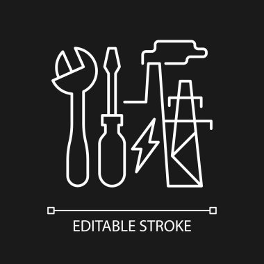 Enerji sistemi koyu renk tema için beyaz doğrusal simgeyi tamir eder. Elektrik üretim istasyonu bakımı. İnce çizgi özelleştirilebilir illüstrasyon. Gece modu için izole vektör kontur sembolü. Düzenlenebilir vuruş