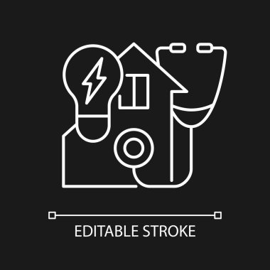 Karanlık tema için enerji denetimi beyaz doğrusal simgesi. Elektrik kullanımı için konut teftişi. İnce çizgi özelleştirilebilir illüstrasyon. Gece modu için izole vektör kontur sembolü. Düzenlenebilir vuruş