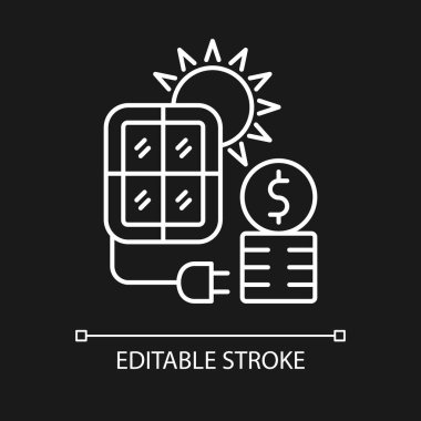 Karanlık tema için güneş enerjisi fiyatları beyaz doğrusal simge. Güneş enerjisi üretimi için PV panelleri. İnce çizgi özelleştirilebilir illüstrasyon. Gece modu için izole vektör kontur sembolü. Düzenlenebilir vuruş