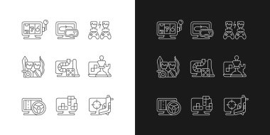 Karanlık ve aydınlık mod için çevrimiçi oyun lineer simgeleri ayarlandı. Arkadaşlarla vakit geçirmek heyecan verici. Özelleştirilebilir ince çizgi sembolleri. İzole vektör çizimi çizimleri. Düzenlenebilir vuruş