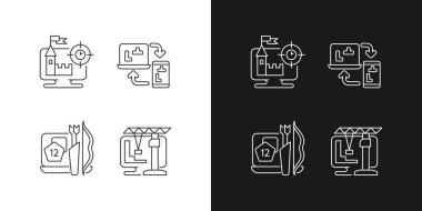 Karanlık ve aydınlık mod için doğrusal simge oynatılıyor. Kullanıcıların senaryoda özel bir rolü var. Özelleştirilebilir ince çizgi sembolleri. İzole vektör çizimi çizimleri. Düzenlenebilir vuruş