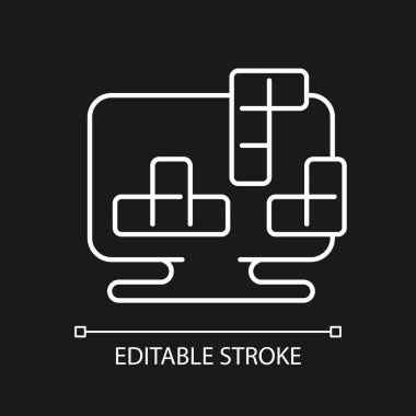 Koyu tema için beyaz doğrusal simgeyi bulmacalar. Farklı şekilli bloklar farklı hızda düşerler. İnce çizgi özelleştirilebilir illüstrasyon. Gece modu için izole vektör kontur sembolü. Düzenlenebilir vuruş