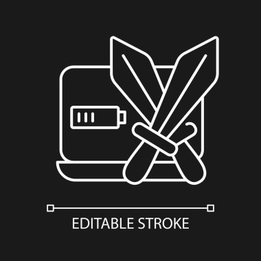 Dövüş oyunları koyu tema için beyaz doğrusal simge. Dövüşmeyi de içeren özel bir tür. İnce çizgi özelleştirilebilir illüstrasyon. Gece modu için izole vektör kontur sembolü. Düzenlenebilir vuruş