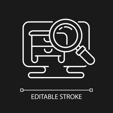 Karanlık tema için gizli nesne oyunu beyaz doğrusal simgesi. Zaman geçirmek için entellektüel aktiviteler. İnce çizgi özelleştirilebilir illüstrasyon. Gece modu için izole vektör kontur sembolü. Düzenlenebilir vuruş