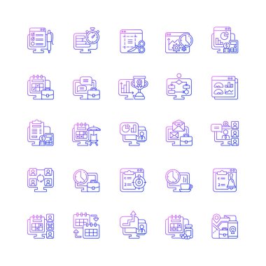 Gradyan doğrusal vektör simgeleri ayarlandı. Çalışan performans kontrolü. Görevler için verimlilik. İş için. İnce çizgili sembol demetleri. İzole vektör ana hatları illüstrasyon koleksiyonu