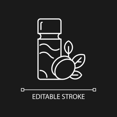 Koyu renk tema için erik şarabı beyaz doğrusal simgesi. Yeşil erik likörü. Tayvan geleneksel alkol içeceği. İnce çizgi özelleştirilebilir illüstrasyon. Gece modu için izole vektör kontur sembolü. Düzenlenebilir vuruş