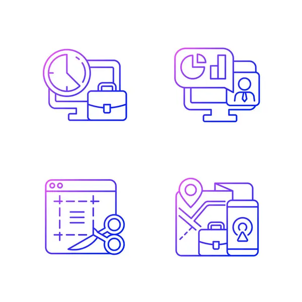Remote Work Monitoring Gradient Linear Vector Icons Set Online Presentation — Stock Vector