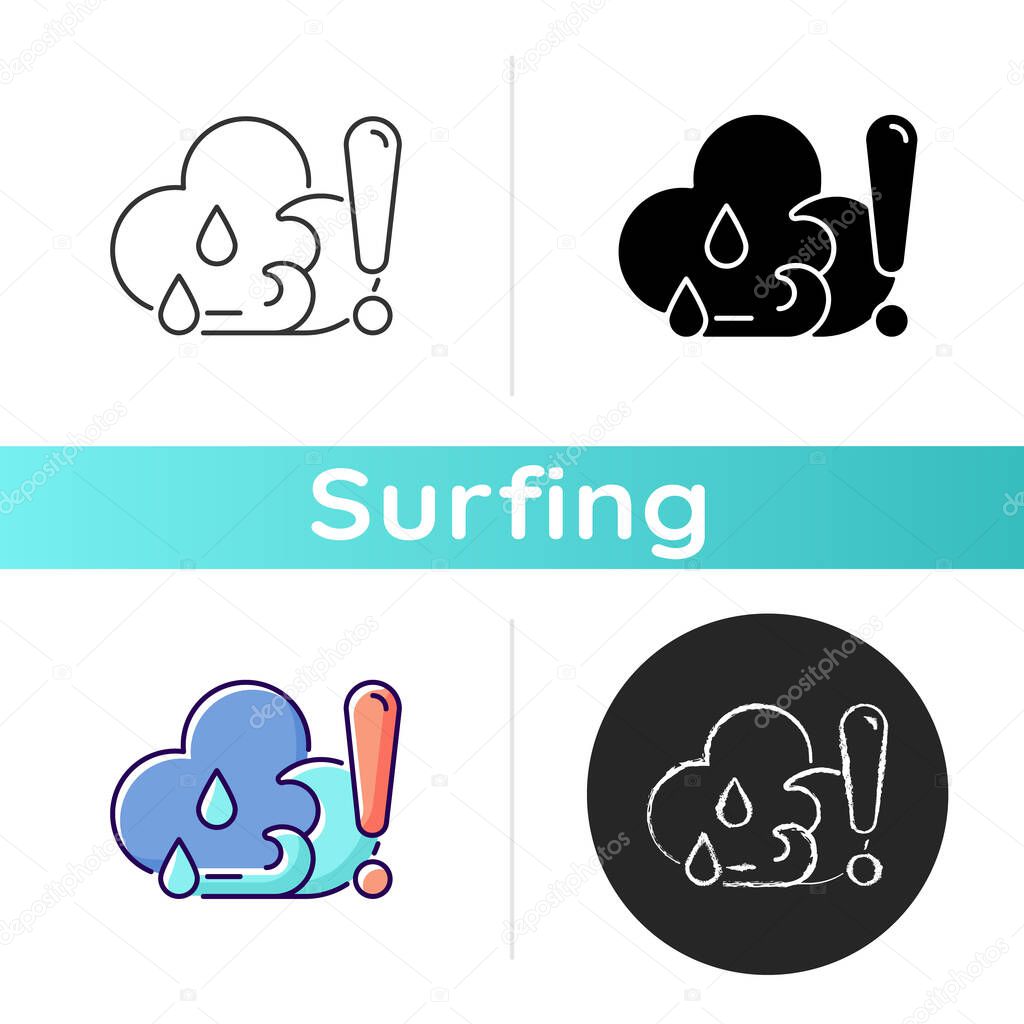 Checking weather before surfing icon. Surf forecast. Gathering weather reports about surf spot. Check up wind direction, wave quality. Linear black and RGB color styles. Isolated vector illustrations